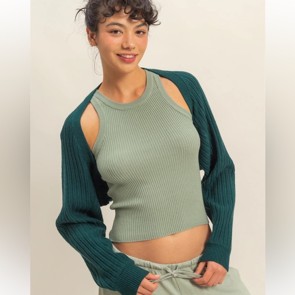 Double Zero Ribbed Knit Bolero Shrug Cardigan – Deep Green (S, M, L)